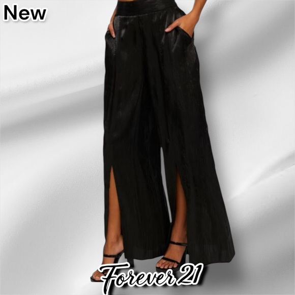 New Forever 21 Satin Split-Hem Palazzo Pants Black - Picture 1 of 10
